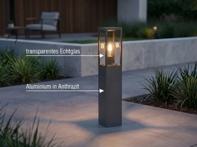 Moderne LED Pollerleuchte in Anthrazit mit Glas, Höhe 80cm