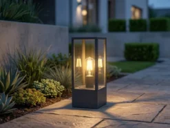Moderne LED Sockelleuchte in Anthrazit mit Glas, Höhe 40cm