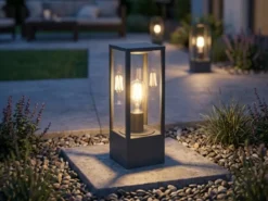 Moderne LED Sockelleuchte in Anthrazit mit Glas, Höhe 40cm