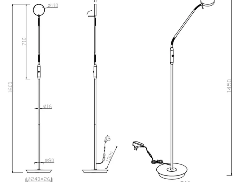 Moderne LED Stehlampe MONZA dimmbar mit Flexarm, Schwarz, Höhe 145cm