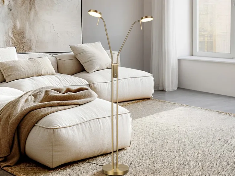 Moderne LED Stehlampe MONZA dimmbar, 2-flammig Messing, Höhe 160cm