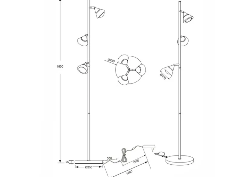 Moderne LED Stehlampe ROMEO dimmbar mit 3 Spots, Schwarz, Höhe 150cm