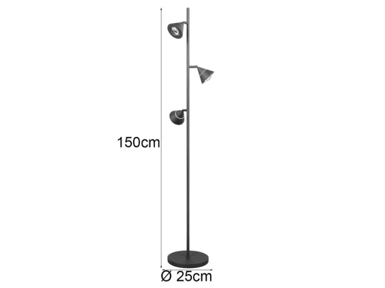 Moderne LED Stehlampe ROMEO dimmbar mit 3 Spots, Schwarz, Höhe 150cm