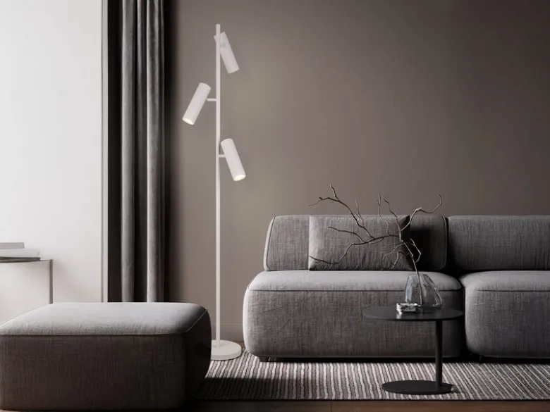 Moderne LED Stehleuchte mit 3 schwenkbaren Spots, Hellgrau, Höhe 150cm