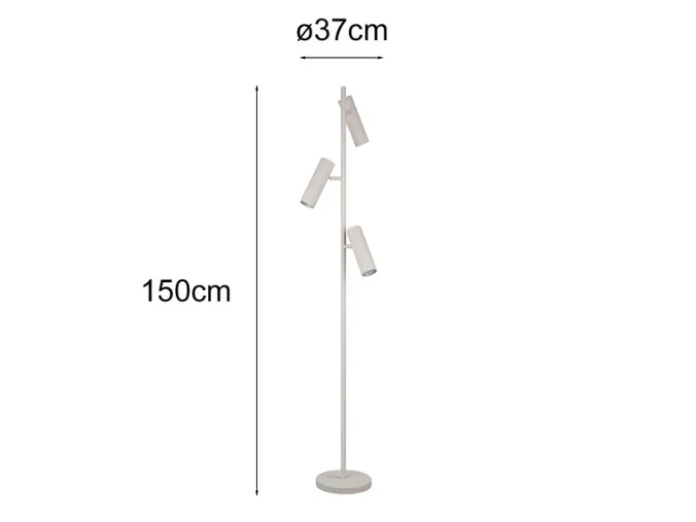 Moderne LED Stehleuchte mit 3 schwenkbaren Spots, Hellgrau, Höhe 150cm