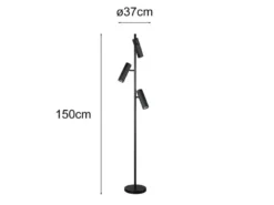Moderne LED Stehleuchte mit 3 schwenkbaren Spots, Schwarz, Höhe 150cm