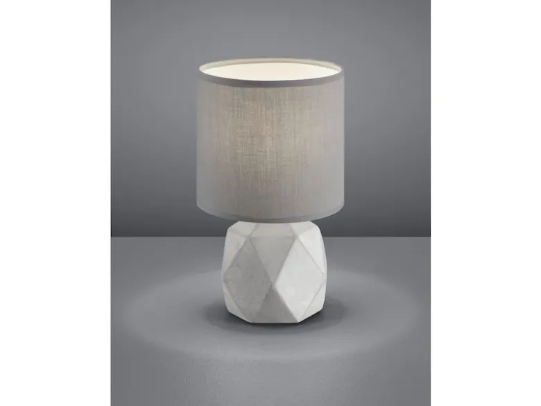 Moderne LED Tischleuchte Beton mit rundem Stofflampenschirm in Grau, Höhe 28cm