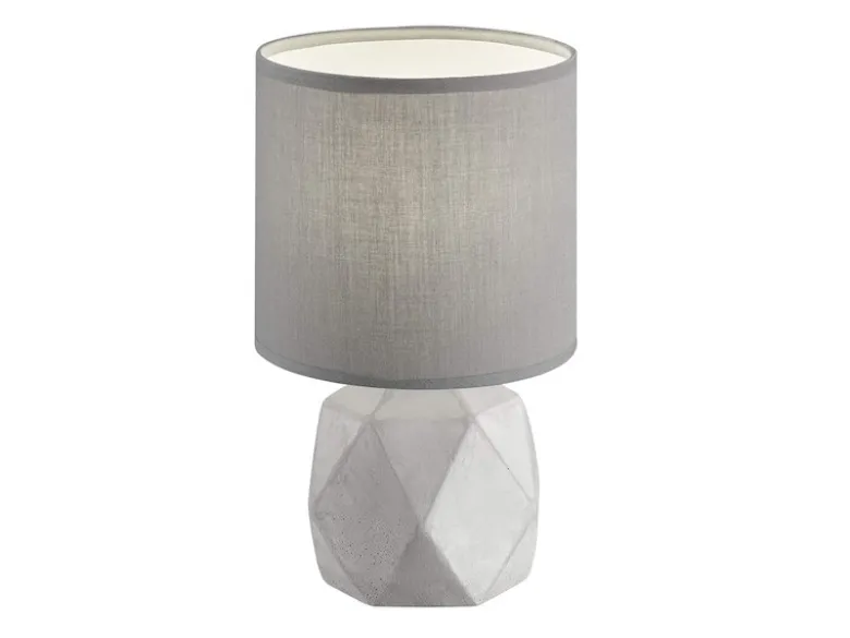 Moderne LED Tischleuchte Beton mit rundem Stofflampenschirm in Grau, Höhe 28cm