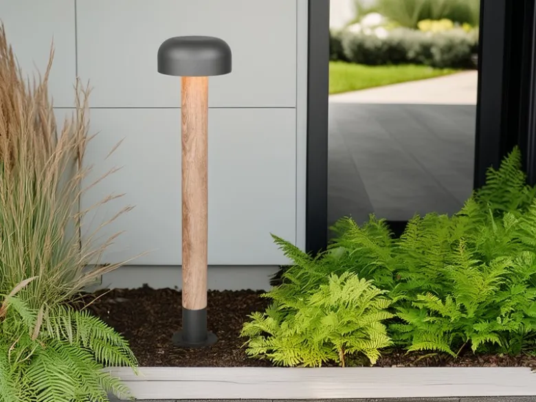 Moderne LED Wegeleuchte in Holzoptik & Anthrazit, Höhe 84cm