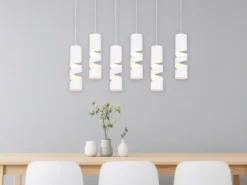 Moderne Pendelleuchte STREAM 6-flammig aus Metall in Weiß, Breite 100cm