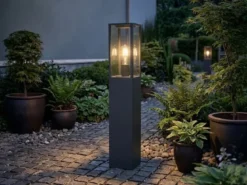 Moderne Pollerleuchte GARONNE in Anthrazit mit Glas, Höhe 80cm