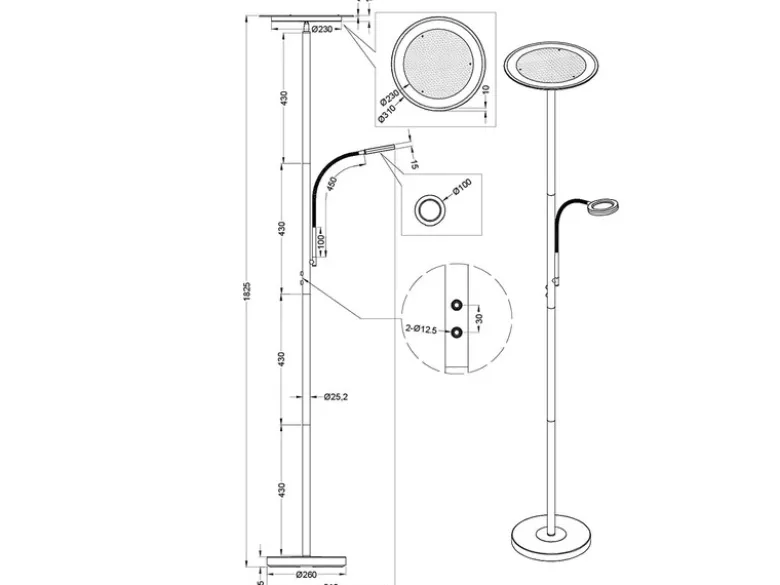 Moderner LED Deckenfluter ACKBAR dimmbar, mit Leselampe, Höhe 182cm