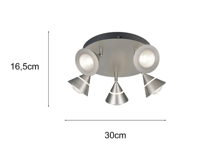 Moderner LED Deckenstrahler ROMEO mit 5 schwenkbaren Spots Silber Ø 30cm
