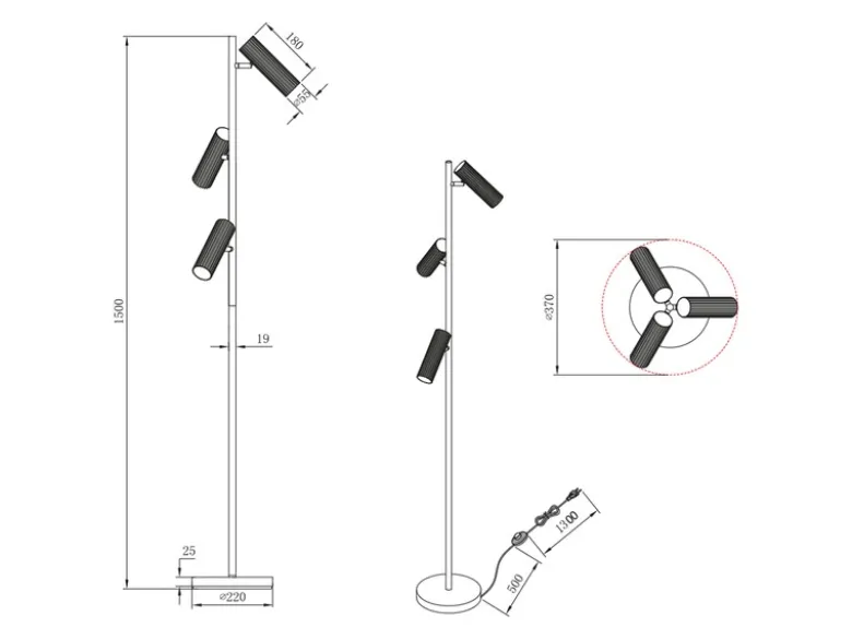 Moderne Stehlampe SOKA mit 3 schwenkbaren Spots, Weiß, Höhe 150cm