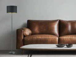 Moderne Stehleuchte HOSTEL mit Lampenschirm aus Stoff in Schwarz & Gold H: 160cm