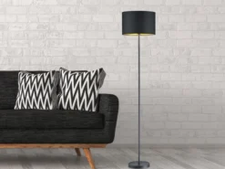 Moderne Stehleuchte HOSTEL mit Lampenschirm aus Stoff in Schwarz & Gold H: 160cm