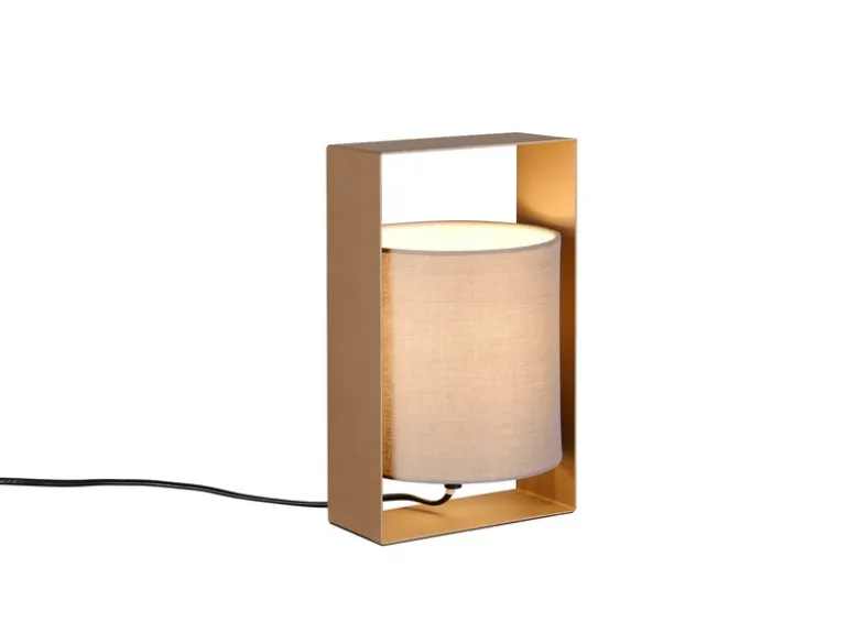 Moderne Tischlampe PAIL Metallrahmen Coffee, Stoffschirm Taupe, Höhe 27cm