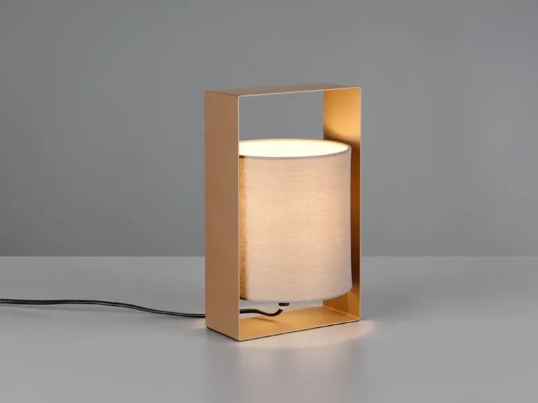 Moderne Tischlampe PAIL Metallrahmen Coffee, Stoffschirm Taupe, Höhe 27cm