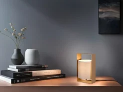 Moderne Tischlampe PAIL Metallrahmen Coffee, Stoffschirm Taupe, Höhe 27cm