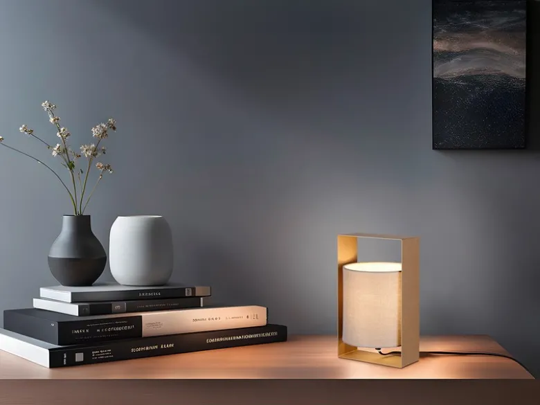 Moderne Tischlampe PAIL Metallrahmen Coffee, Stoffschirm Taupe, Höhe 27cm