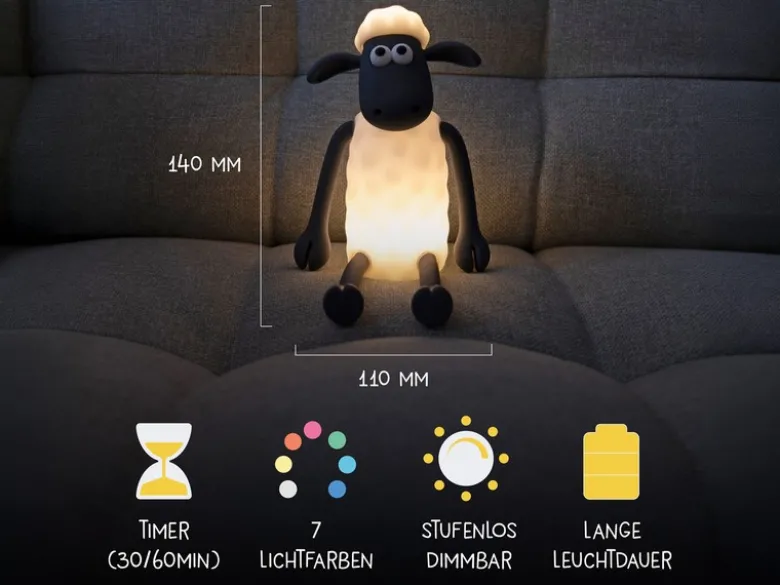 Nachtlicht SHAUN DAS SCHAF per USB aufladbar, dimmbar, 7 Lichtfarben, Höhe 14cm