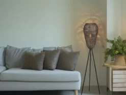 Orientalische LED Tripod Stehleuchte aus Metallgeflecht in Altmessing, H: 140cm