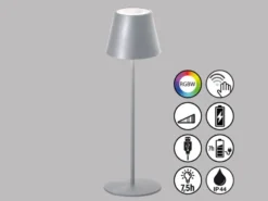Outdoor Akku Tischlampe COSENZA Silber ohne Kabel mit RGB, Höhe 38cm
