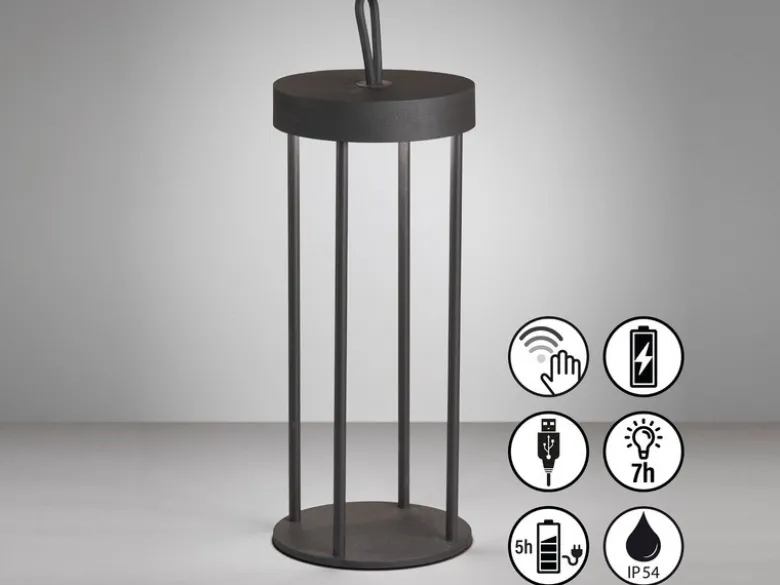 Outdoor Tischlampe KANTE 36cm Schwarz ohne Strom mit Akku & USB Kabel