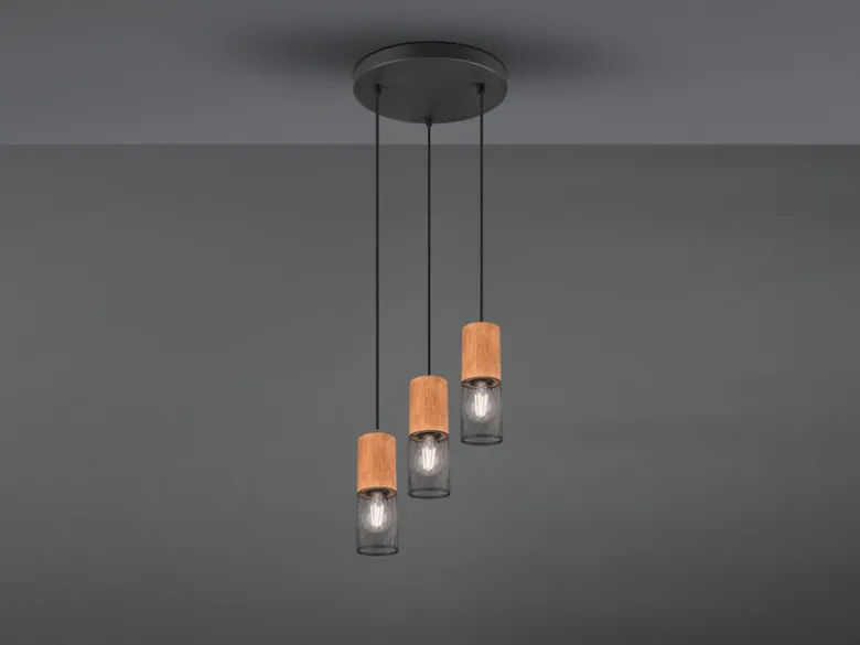 Pendellampe TOSH Draht Lampenschirme in Schwarz & Holzfassungen, Ø 28cm