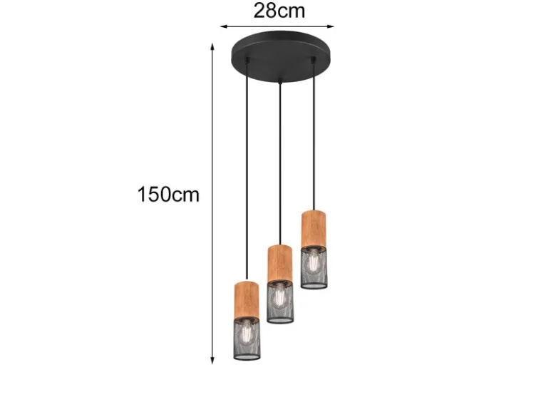 Pendellampe TOSH Draht Lampenschirme in Schwarz & Holzfassungen, Ø 28cm
