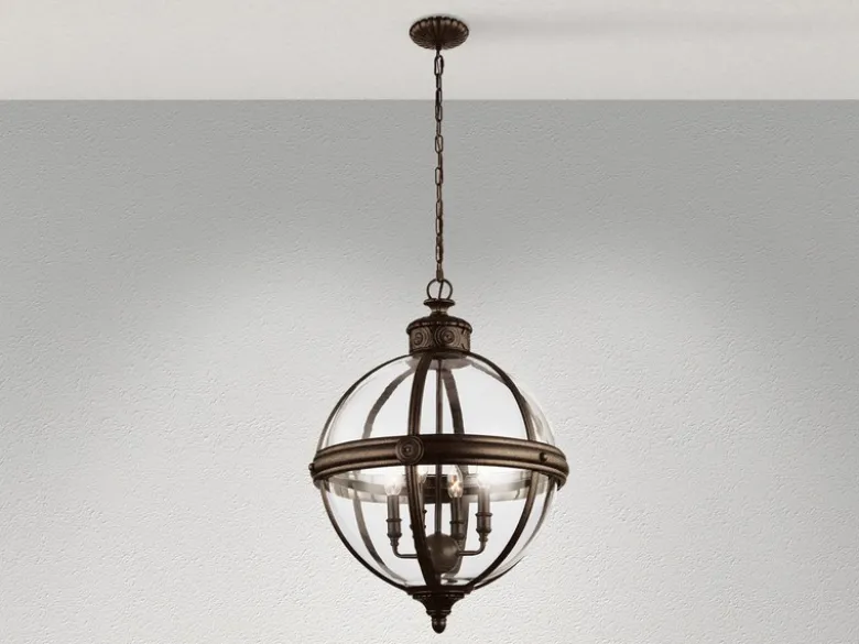 Pendelleuchte ADAMS mit Glaskugel & Stahl massiv in britisch Bronze, Ø 50cm