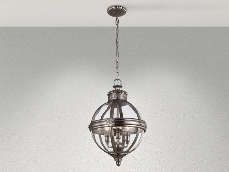 Pendelleuchte ADAMS mit Glaskugel & Stahl massiv in Silber Antik, Ø 37cm