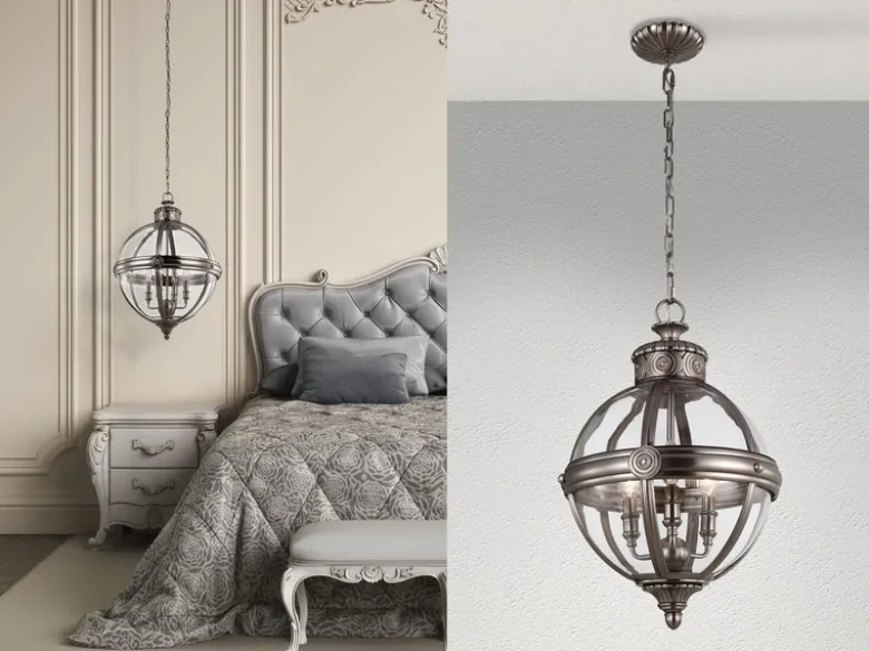 Pendelleuchte ADAMS mit Glaskugel & Stahl massiv in Silber Antik, Ø 37cm