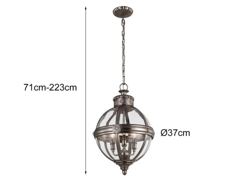 Pendelleuchte ADAMS mit Glaskugel & Stahl massiv in Silber Antik, Ø 37cm