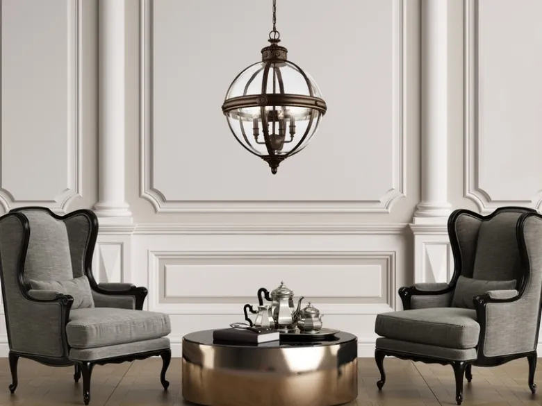 Pendelleuchte ADAMS mit Glaskugel & Stahl massiv in britisch Bronze, Ø 37cm