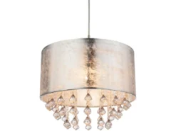 Pendelleuchte AMY mit Stoff Lampenschirm Silber & Kristall Behang, Ø 40cm