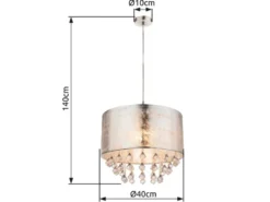 Pendelleuchte AMY mit Stoff Lampenschirm Silber & Kristall Behang, Ø 40cm