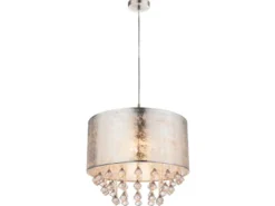 Pendelleuchte AMY mit Stoff Lampenschirm Silber & Kristall Behang, Ø 40cm