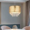 Pendelleuchte AMY mit Stoff Lampenschirm Gold & Kristall Behang, Ø 40cm