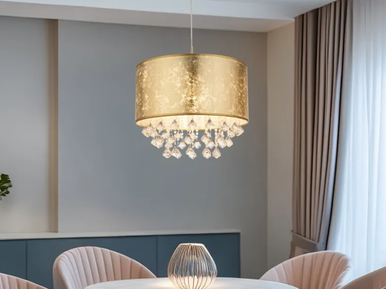 Pendelleuchte AMY mit Stoff Lampenschirm Gold & Kristall Behang, Ø 40cm
