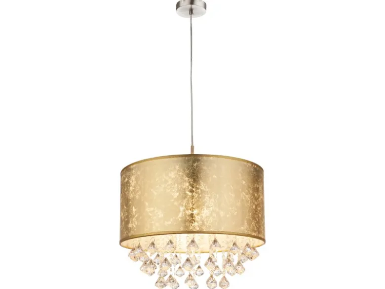 Pendelleuchte AMY mit Stoff Lampenschirm Gold & Kristall Behang, Ø 40cm