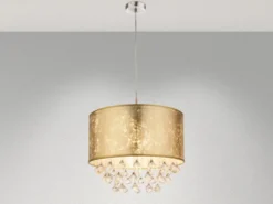 Pendelleuchte AMY mit Stoff Lampenschirm Gold & Kristall Behang, Ø 40cm