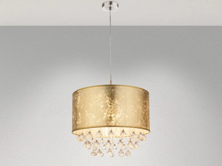 Pendelleuchte AMY mit Stoff Lampenschirm Gold & Kristall Behang, Ø 40cm