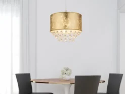 Pendelleuchte AMY mit Stoff Lampenschirm Gold & Kristall Behang, Ø 40cm