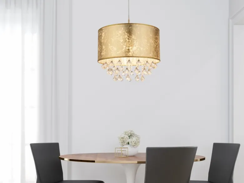 Pendelleuchte AMY mit Stoff Lampenschirm Gold & Kristall Behang, Ø 40cm