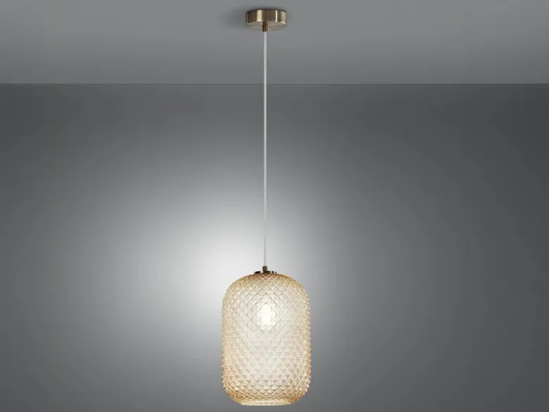 Pendelleuchte ASHFORD einflammig Kristall Glasschirm Bernsteinfarben, Ø 20cm