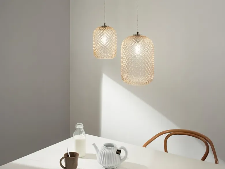 Pendelleuchte ASHFORD einflammig Kristall Glasschirm Bernsteinfarben, Ø 20cm