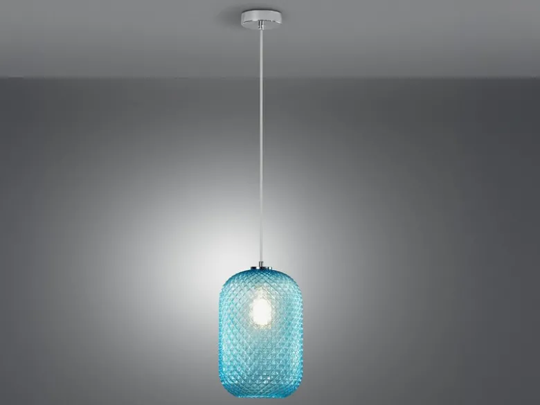 Pendelleuchte ASHFORD einflammig Kristall Glasschirm in Blau, Ø 20cm