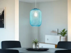 Pendelleuchte ASHFORD einflammig Kristall Glasschirm in Blau, Ø 20cm