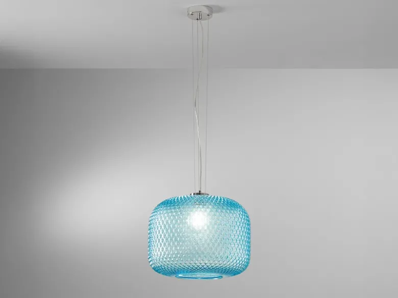 Pendelleuchte ASHFORD einflammig Kristall Glasschirm in Blau, Ø 40cm